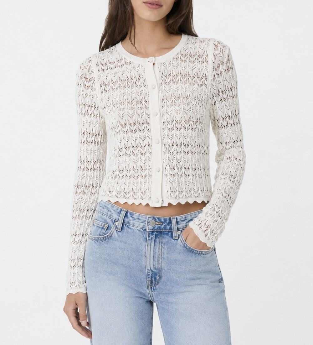 Minnie Rose White Chevron Pointelle Open Knit Cropped Cardigan Sweater Small